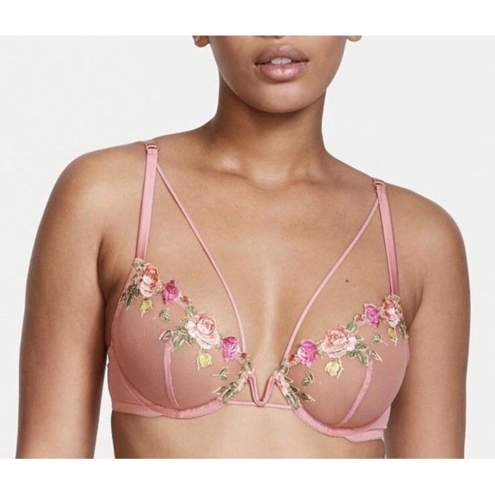 Victorias Secret Very Sexy 34DD Rose Embroidered Unlined Demi Bra Mesh Pink NEW
